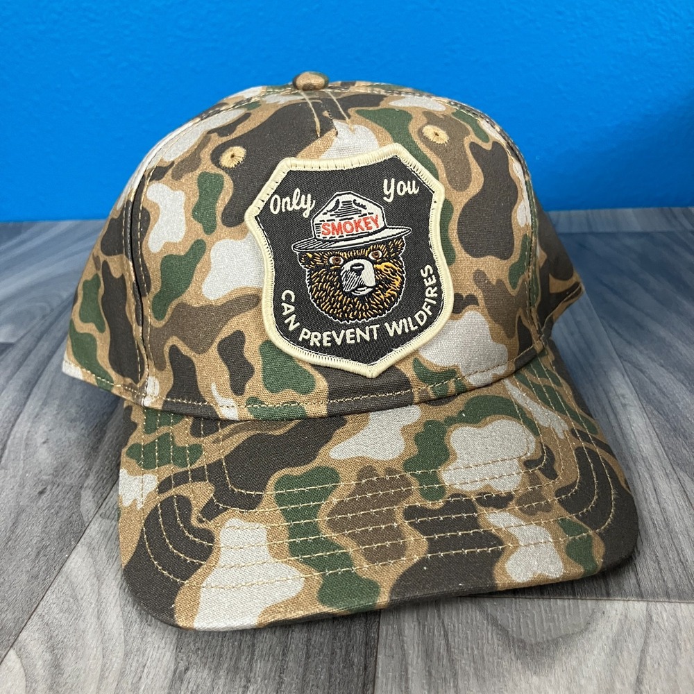 Smokey Bear Only You Can Prevent Wildfires Snapback Camo Hat Cap Retro Patch NWT